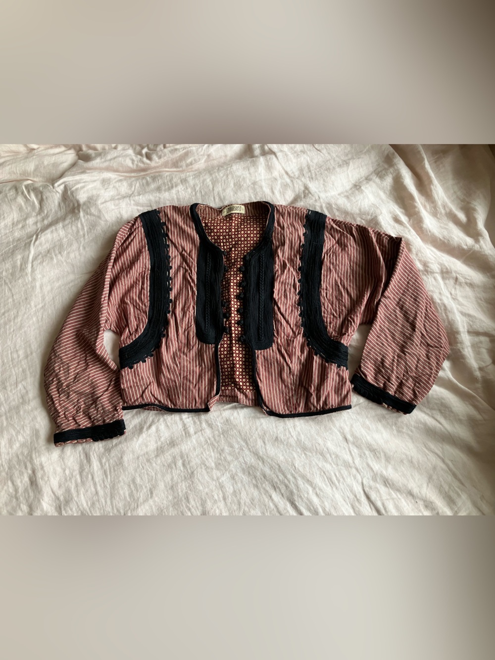 Toast Pink Striped Cropped Jacket with Black embroidered detail